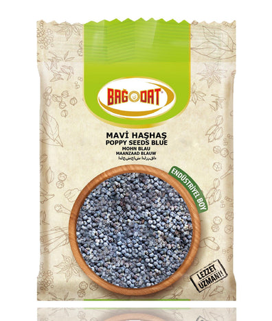 Bagdat poppy seeds HORECA size packaging with blue seeds in a wooden bowl on a beige background